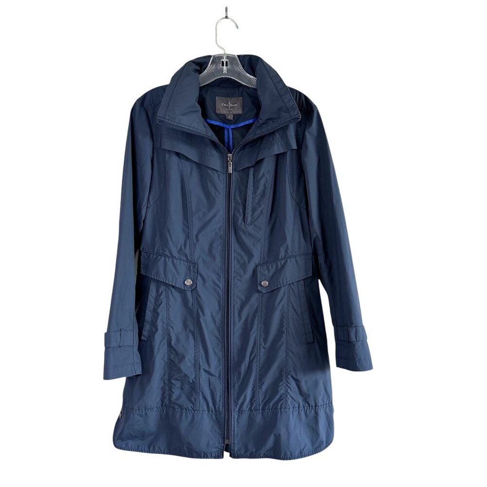 Cole Haan Back Bow Packable Hooded Raincoat in Ink Blue, Small